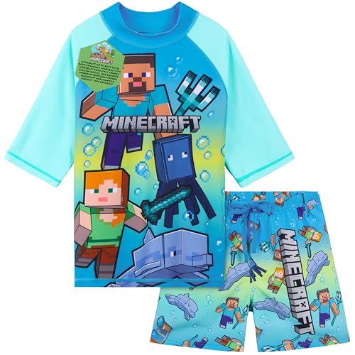 Get Trend Minecraft Schwimmanzug Kinder Badeanzug mit Badehose Jungen und Schwimmshirt Strand Urlaub Schwimmen (7-8 Jahre, Blau/Grün Minecraft)