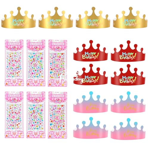 Rongxze 12 Stück Papierkronen, DIY Party Krone Geburtstag, Verstellbare Pappkronen mit 6 Blätter Selbstklebende Strasssticker für Prinz Prinzessin Geburtstag Feiern Party, Baby Shower Foto Requisiten