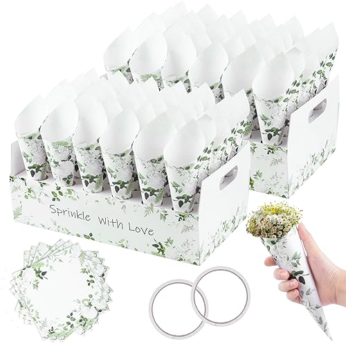 VORHOT Konfetti Hochzeit Kegel, 60 Stück Konfetti Kegel Halter mit 2 Kraftpapier Kegelhalter, Vintage Hochzeit Konfetti Kegel für Konfetti Blütenblätter Hochzeit Party Dekoration, Blätter