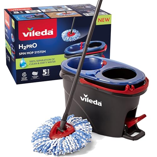 Vileda H2PrO Wischmopp Set mit Eimer | 100% Trennung von Frisch- und Schmutzwasser | Innovatives Zweitanksystem mit Auswringfunktion | Müheloses Auswringen | Mikrofaserreinigung | Ergonomisches Design
