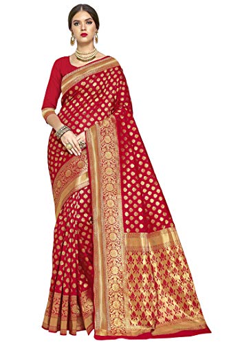 Indische Damen Saree Art Seide Blumen Handgewebt Zari Arbeit Hochzeit Party Sari mit ungenähter Bluse Stück (Schwarz), rot, One size
