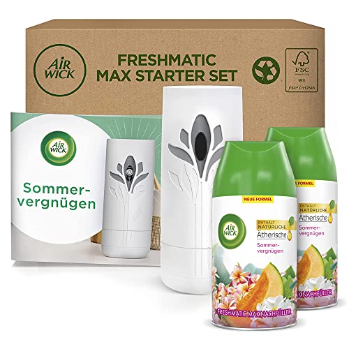 Air Wick Freshmatic Max – Starter Set mit Gerät und 2 Nachfüllern – Lufterfrischer automatisch – Duft: Sommervergnügen – 2 x 250 ml Nachfüller + Gerät in Weiß