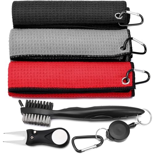 Newofview 3-in-1 Golfzubehör Set,Mikrofaser Handtuch mit Karabiner,Golfschlägerbürste Faltbare Pitchgabel Golf Accessoires für Herren