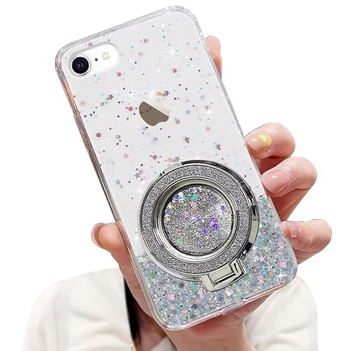 Tivenfezk Nadoli Sparkle Treibsand Ständer Hülle für iPhone 6/6S,Versteckt Ständer Ring Klar Glitzer Stern Handyhülle Durchsichtig Bling Schutzhülle Case Cover,Klar