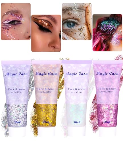 TIDEVAN 4 Stück Body Glitter Gel 50ml Make Up Glitzer Chunky Glitter Liquid Glitzer Gesicht Festival Glitzer Gesicht, Glitzer Flüssiger für Gesicht Haare Lippen Nägel Make Up Kosmetik Festival Party