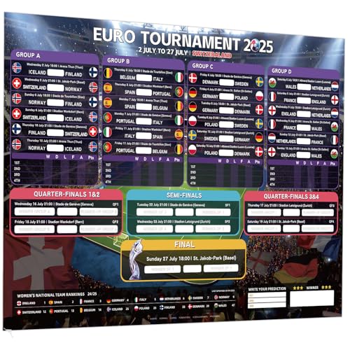 AhfuLife 2025 Damen EM Spielplan, Format EM Fussball Planer - Enthält 16 Mannschaften Gruppen Knockout und Finale alle Ergebnisse der Spiele (Größe A2-60 x 42cm)