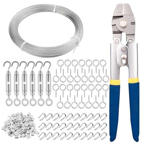 TooTaci 50M Drahtseil mit Spannschloss-Set, 1,5mm Edelstahlseil mit Swager-Crimpwerkzeug, 2-in-1 Schneid- & Crimpzange, Ideal für Rankgitter, Zaun- und Geländermontage