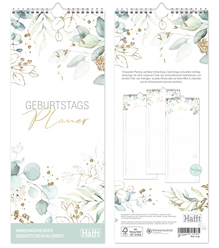 Häfft® Geburtstagsplaner Wandkalender immerwährend "Blattgold" 12 x 30 cm, Geburtstagskalender undatiert, Wandplaner jahresunabhängig - nachhaltig & klimafreundlich
