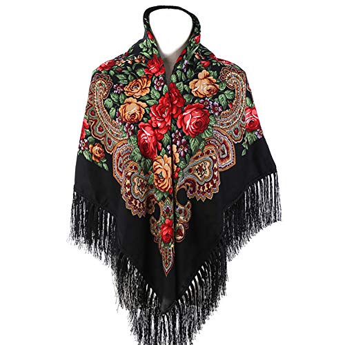 Gudessly Traditioneller Schal für Damen, mit Quaste, Fransen, Halstuch, Kopfschal, Retro-Schal, Blumenmuster, Poncho-Druck, Schwarz, Einheitsgröße