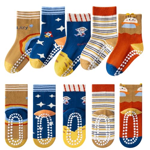 Baogaier 5 Paar Kinder Stoppersocken Jungen Baumwolle Kuschelsocken Antirutschsocken Schulkind Socken Marineblau Braun Karomuster Rutschfeste Sportsocken für 6-8 Jahre, 29-32EU