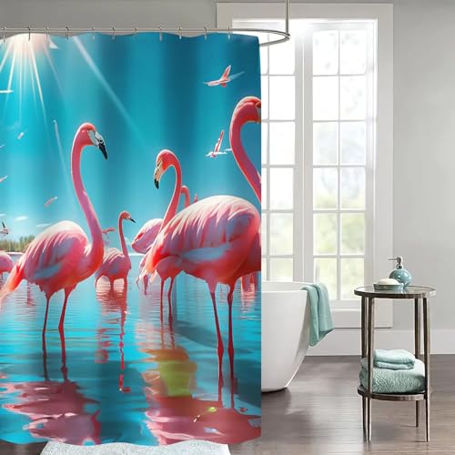 FABTOP Flamingo Duschvorhang 180x180, Flamingo Duschvorhänge Pink 180x200 Textil 120x200 Rosa Flamingo Tropische Blätter Duschvorhänge Flamingo Shower Curtains (5,180 x 180 cm)