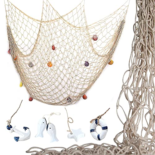 Dantolo Fischernetz Deko mit Muscheln,14 Stück Natürlichen Muscheln und Meeres Deko,Mediterranen Stil für Strandpartys Hochzeiten Fotografie Wanddekoration,150 x 200 cm