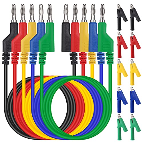 Hejo 5 Stück Multimeter Messleitungen, 4mm 5 Farben Bananenstecker mit 10 Stück Krokodiklemmen, 1m Messleitungen für Multimeter Messkabel für Multimeter Spannungsprüfer Strommessgeräte