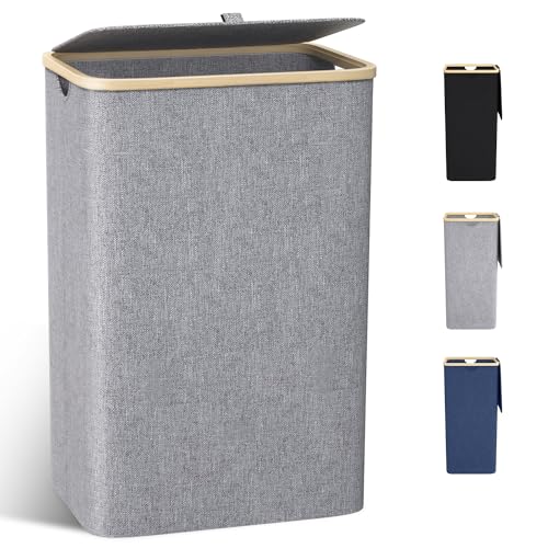 Wäschekorb mit Deckel 100L, Wäschesammler Groß schmal mit herausnehmbaren Wäschesack Laundry Baskets Wäscheschrank Wäschetruhe Wäschetonne für Schmutzwäsche Grau
