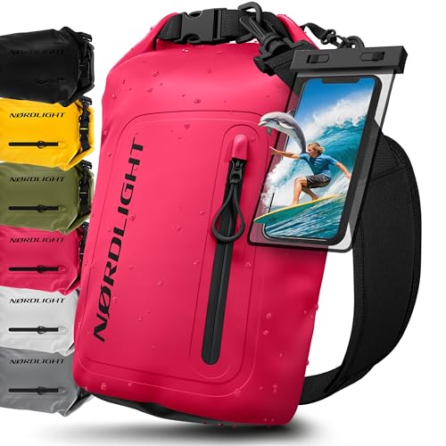 Nordlight Dry Bag wasserdichte Tasche mit Handyhülle + Roll-Top, Schultergurt | Drybag wasserfester Rucksack Beutel Packsack Seesack Wassersack Wetbag | Baden Schwimmen Strand SUP – Pink, 10 Liter