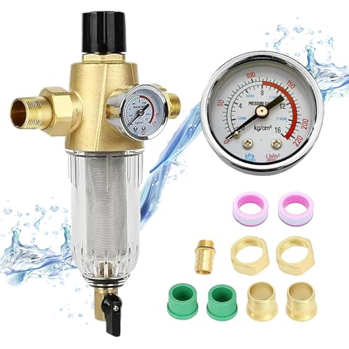 Rückspülfilter mit Druckminderer, Wasserfilter 1 Zoll Hausanschluss Wiederverwendbare Wasserfilter 3/4 Zoll Adapter Filteroberteil aus Messing Vorfilter Sedimentfilter Filterfeinheit 50 μm