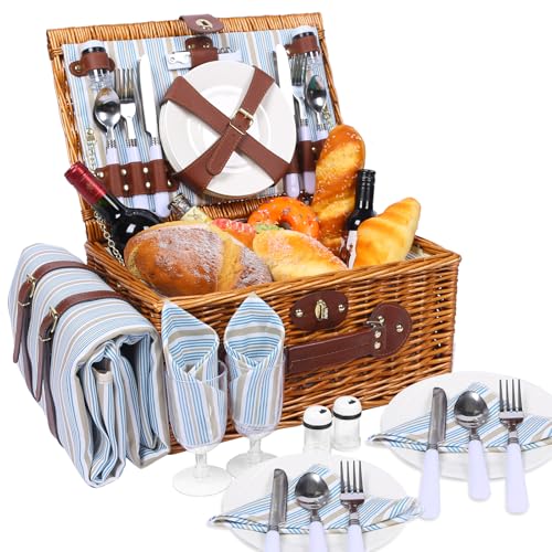 HYBDAMAI Picknickkorb Set für 4 Person mit Kühlfach und wasserdichte Picknickdecke, Abnehmbarer Riemen, Weinbeutel, Besteck Set, für Camping, Strand, Wandern, BBQ und Familie/Paare Geschenke, Zubehör