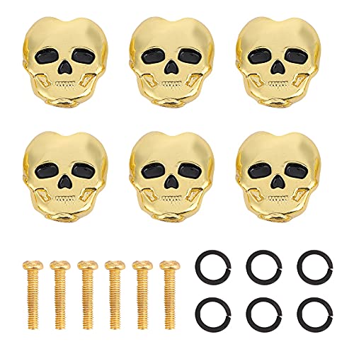 Stimmwirbelkappen, 6 Stück Gitarren-Mechaniken, Maschinenkopf, Totenkopf-Form, Stimmschlüssel, Knopfkappe, Ersatzteile, jeweils mit 1 Adapterring und 1 Schraube für Folk-, (Gold)