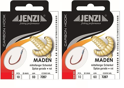 Set: 2 Packungen gebundene Maden-Haken von Jenzi, (20 Stück) an Mono Schnur 60cm Hakengröße 10, 12, 14 & 16 Vorfach fertig + gratis Petri Heil! Aufkleber (Hakengröße 10)