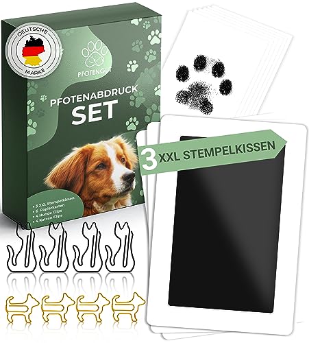PFOTENGUT® XXL Pfotenabdruck Set inkl. 3 Stempelkissen und 6 Druckkarten - Hochwertiges Pfotenabdruck Set für Hund & Katze - Hundepfoten Abdruck als Geschenk und Erinnerung