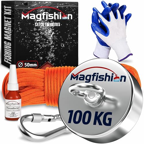 MAGFISHION Magnetfischen Set - 100 KG - Ø50mm - Neodym Magnet mit Seil (20M) & Handschuhe - Magnet Fischen Angel - Ösenmagnet - Fishing Magnetangel - Magnetangeln Set