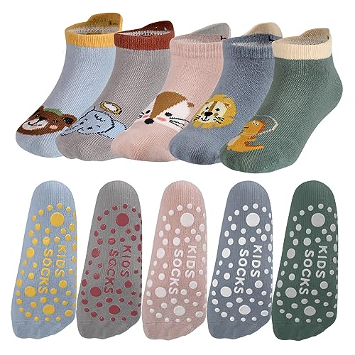 Opopark 5 Paar Grip Socken, Baby Kleinkinder Rutschfeste Socken, Stoppersocken Baby, Socken aus Baumwolle mit Tiermotiv(1-3 Jahre)