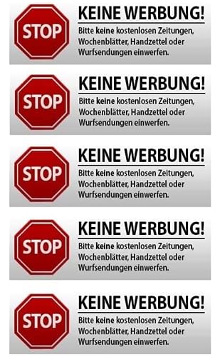 5 x Brandengel® Keine Werbung Aufkleber - Schild – Folie - Sticker (Stop Bitte Keine Kostenlose Zeitung, Flyer, Handzettel, Wurfsendungen, Wochenblätter, Werbung) für den Briefkasten - 5 Stück
