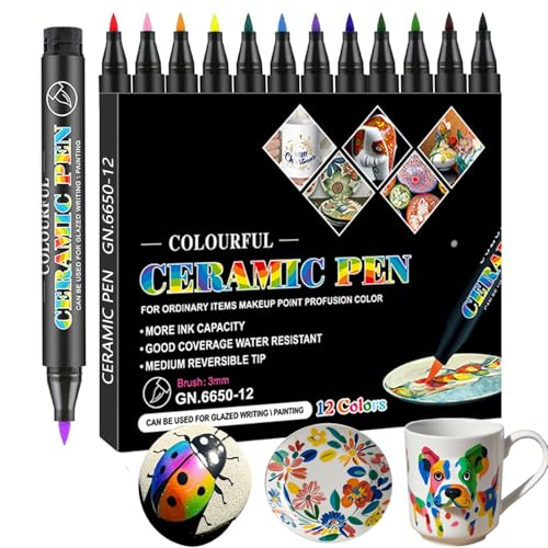 DQMEN 12x Spülmaschinenfeste Porzellanstifte,12 Farben Wasserbasierte Glas, & Porzellanstifte,Spülmaschinenfeste Glasmalstifte,Keramikstifte zur Dekoration & Bemalung (12)