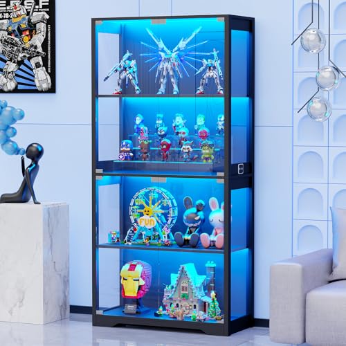 BROTTAR Vitrine mit LED Beleuchtung und Glastüren, Sammlervitrine, Vitrinenschrank mit Intelligente Sensorik, 4-Lagen Glasvitrine Staubdicht für Wohnzimmer Schlafzimmer Büro, Schwarz