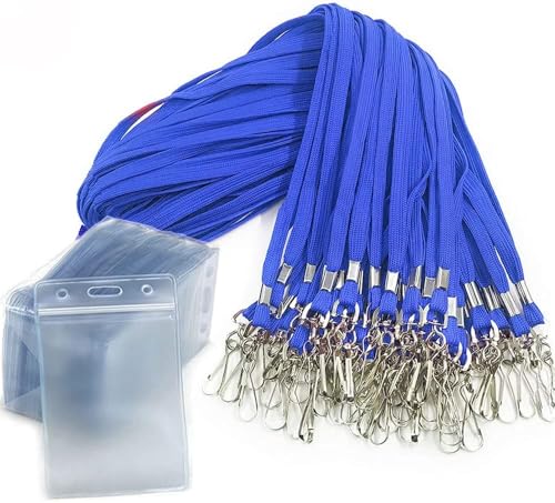 50 Stck Namensschilder Mit Schlüsselband-Ausweishalter Vertikaler Wasserdichter Kunststoff-Ausweishalter Lanyards Namensschilder für Kids School Camp Exkursion Business Event Trade (Blau)
