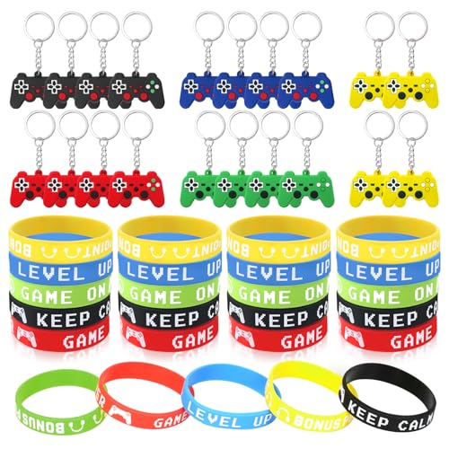 SUPRBIRD 45 Stück Videospiel Partyzubehör, Schlüsselanhänger Videospiel Armbänder, Silikon Armbänder, Kindergeburtstag Party Geschenke Spielarmbänder für Videospiel-Themen Kindergeburtstag Deko