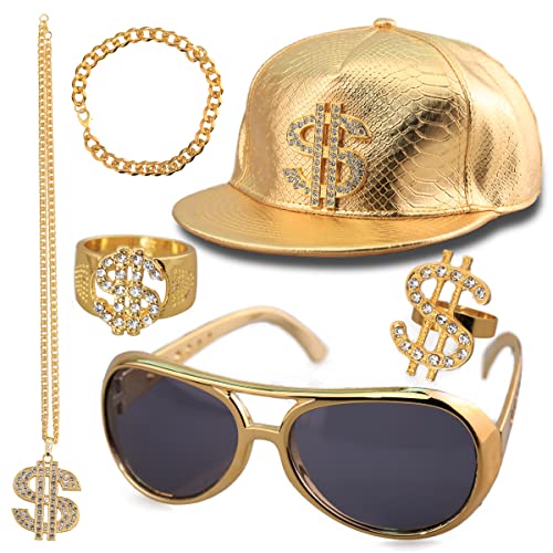Hip Hop Kostüm Set, 80s 90s Hip Hop Rapper Accessories, Dollar Kette, 1 Stück Halskette, 2 Stück Ringe, 1 Stück Armbänder, 1 Paar von Sonnenbrille mit 1 Stück Hut für Fasching oder Parteien