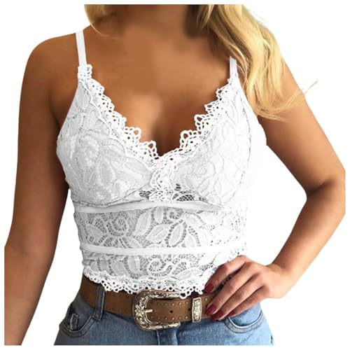 Crop Tops Damen Sexy Spitze V-Ausschnitt Camilose Top Sommer Bauchfrei Party Schwarzes Corset Korsett Blumenspitze Bustier Oberteil Untertops Cami Tanktop mit Floralem Spitzenbesatz Bauchfrei
