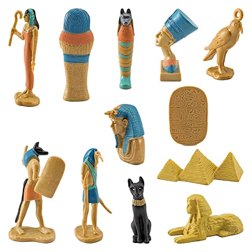 Milageto 12-teiliges Ägypten-Figuren, kleine Statuen, ägyptische Ornamente, Neuheit, Mehrfarbig, hohe Simulation, Pyramide