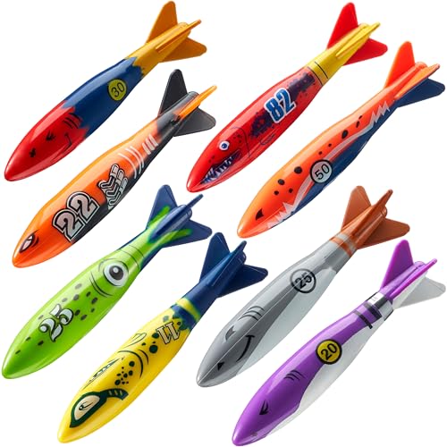 JOYIN Torpedo-Pool-Spielzeug, 8 Stück, Hai, Unterwasser-Torpedo-Banditen, Tauchspielzeug, buntes Schwimmspielzeug, sinkendes Werfen, Torpedo für Kinder, Geschenk, Sommer, Schwimmen, Tauchen, Training