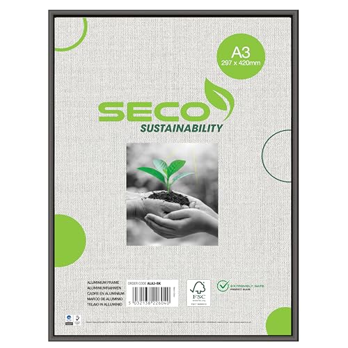 SECO A3-Bilderrahmen aus gebürstetem Aluminium mit Plexiglas-Sicherheitsglas, magnetisch, perfekt für zu Hause/Büro, 18 mm Rahmenkante, schwarz