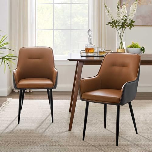 CLIPOP Esszimmerstühle 2er Set mit Armlehne Kunstleder Gepolstert Küchenstuhl,Akzent Sessel Esszimmerstuhl Colorblock Loungesessel Wohnzimmer Empfangstühle für Esszimmer Küche,Braun-Grau
