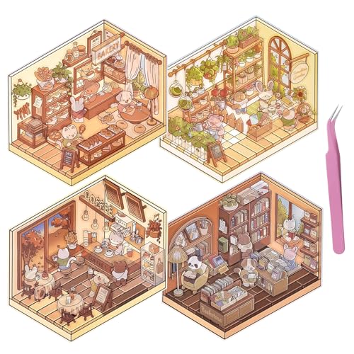 FULHANY 4 Set 3d Sticker,Sticker Scene,House Stickers,Gestalten Sie Ihren Eigenen Blumenraum,Ihr Eigenes Café,Ihren Eigenen Buchladen Oder Ihre Eigene BäCkerei