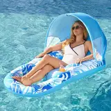SLOOSH Wasser Pool Luftmatratze für Erwachsene, Aufblasbare Pool-Flöße, Schwimmflöße mit Sonnendach, Schwimmsessel mit Getränkehaltern und Fußstütze, Tanning Pool für Sommerparty (Blau)