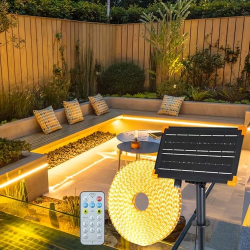 Gaoxun Solar LED Strip Außen, 15m 960 LED Outdoor Streifen IP68 Wasserdicht mit Fernbedienung, Dimmbar, 8 Modi, Flexibel LED Leiste für Garten, Veranda, Balkon, Pavillon, Regenschirm Deko, Warmweiß