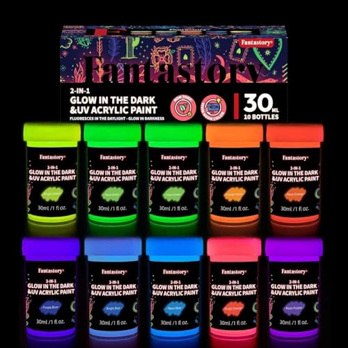 Fantastory Oster Leuchtfarben Nachtleuchtend Farbe 10x30ml,wasserfeste Neon Glow in Dark Farbe,Schwarzlicht Farbe,für Steine,Leinwände,Masken,Acrylic Paint Set(Fluoreszierende Serie)