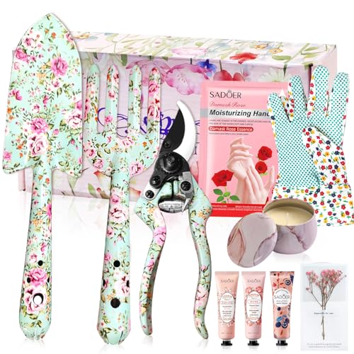 YORFULL Gartenwerkzeug Set, 10 Pcs Gartengeräte Set, Garten Werkzeug Set mit Handschuhen, Gartenschaufel, Gartenschere, Gartenkralle, Kerzen, Handcreme, Blumenmuster Gartenset mit Schöner Geschenkbox