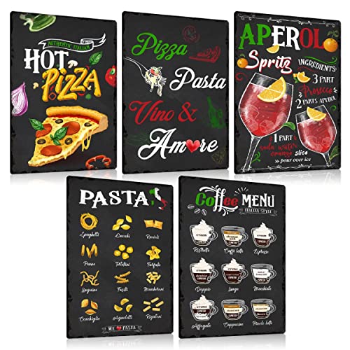 ESFIVHO 5 Stück Vintage Metallschild Italien Essen 20 x 30 cm - Italienische Pizza Pasta Coffee Schild - Wanddeko Geschenk für Küche Restaurant