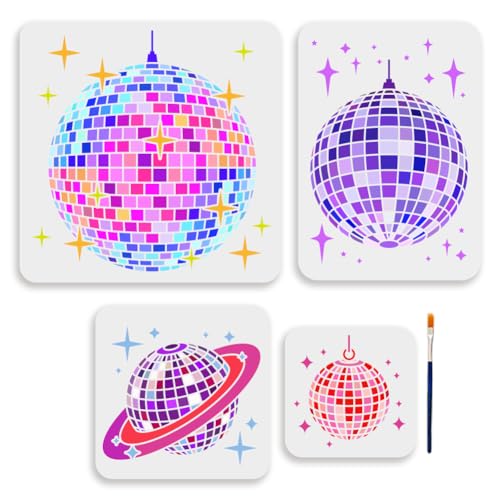 MAYJOYDIY Discokugel Schablone In 4 Größe 15~30 cm Tanzparty Schillernde Kugel Schablone Mit Pinsel Glänzender Stern Musikbar Party Licht Vorlagen Für Möbel Fenster Holz Wandfliesen Leinwand Boden