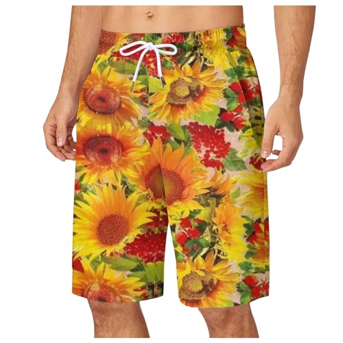 Männer Kurze Kleidung mit Print Männer Casual Blumendruck Shorts Sommer Hawaii Urlaub Strand Blumenhose Herren Kurze Sporthose Shorts für Festivals Party (Yellow, L)