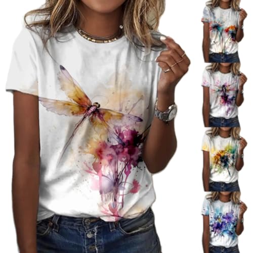 Sommer Damen Tshirt Basic Lockere Rundhalsausschnitt T Shirt Bedrucken Mode Oberteile Baumwolle Casual Locker Kurzarm Bluse Elegante Tops Bedruck Tshirts Frauen Sportshirt Große Größen (White-D, XL)