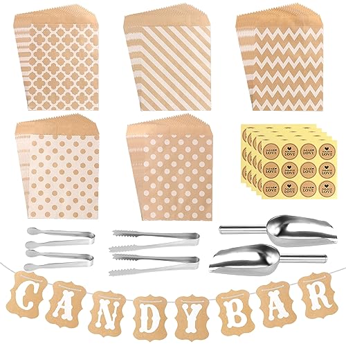 FIHODONE 72 Stück Candy Bar Zubehör, Enthält 60 Stück Candybar Tüten und 4 Zuckerzange, 2 Eisschaufel und 60 Stickers, Candybar Zubehör Set für Hochzeit Geburtstage Party