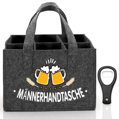 Aerzouser Flaschenträger 6 Flaschen，24x15x18cm，Flaschentasche，Männerhandtasche Bier，Flaschentasche Filz，Biertasche für Männer，Mit Flaschenöffner，Geschenke für Männer