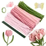 Joyblossom Pfeifenreiniger Blumen Set, 300 Stück Pfeifenputzer zum Basteln, Pfeifenreiniger zum Basteln, mit Blumendraht, Schleifenband, Blumen Staubblatt für Blumenstrauß DIY Dekorationen, Rosa