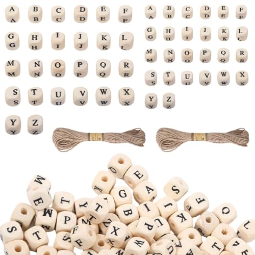 GooDengFull 400 Stück Holzperlen Buchstaben 3mm/8mm Loch Buchstabenperlen Holz set, Natur Auffädeln Holzperlen Form und Buchstaben für Namen Armband Halskette Schlüsselanhänger DIY Herstellung